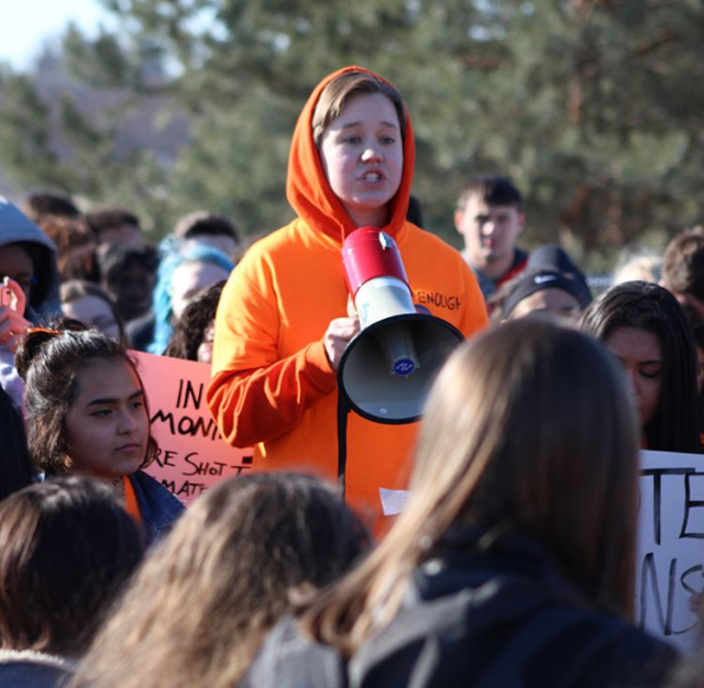 Riley Ebner gives a powerful speech to students covering safety, congress and guns.