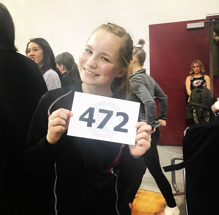 Noelle Mallingers number for competing in the Minnesota gymnastics state tournament. (Photo provided by Noelle Mallinger)