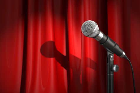 Microphone on stage with red curtain. Music or performance  concept.. 3d illustration